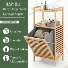 Go İthalat Kalın Ahşap Bambu 2 Organizer Raflı Çek Aç Kirli Çamaşır Sepeti 40x35x95 cm.
