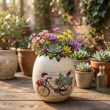 Eski Yeni Antik Seramik Yumurta Saksı Bisiklet ve Çiçek Desenli Yeşil Iç Tasarım 13 x 12 cm