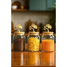 Gndz Home 3’lü Bambu Kapaklı Ginkgo Figürlü Kavanoz Seti - Orta Boy Saklama Kabı 890ML