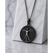 Voyage Accessory Leonardo Da Vinci Figürlü Siyah Unisex Tasarım  Vitruvius Adamı Kolye