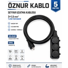 Öznur Kablo Seyyar Uzatma Kablosu 5 Metre | Ttr 3x1,5 mm %100 Tam Bakır Kablo | Seldur 3'lü Kauçuk Grup Priz | Orel Kauçuk Fiş | IP54 IP44