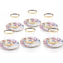 Porselen Çay Seti, 6 Kişilik, Çiçek Desenli, Altın Yaldızlı, 12 Parça, 5 cm Tabak