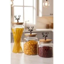 Gndz Home 3'lü Bambu Kapaklı Metal Geyik Figürlü Şeffaf Cam Kavanoz Şeffaf Cam Saklama Kabı 635/890/1400ML, Siyah Geyik