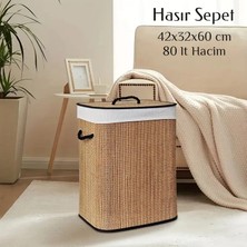Go İthalat Hasır Dikdörtgen İçi Bezli Kapaklı İp Kulplu Kirli Çamaşır Sepeti 42x32x60 cm.