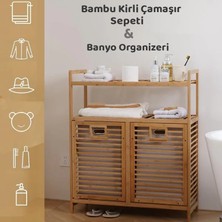 Go İthalat Kalın Ahşap Bambu 2 Katlı 2 Bölmeli Raflı Önden Çek Aç Kirli Çamaşır Sepeti Banyo Organizeri 80x33x87 cm.
