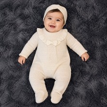 Mummys Love Kız Bebek Yaka Detaylı Tulum ve Saç Bandı - %100 Doğal Pamuk - Krem