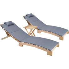 Ahşap Katlanabilir Yatar Şezlong Plaj Yatağı Minder Dahil 3 Lü Set (Naturel - Gri)