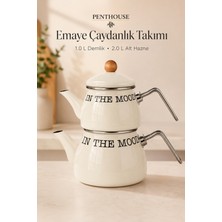Penthouse Krem Emaye Çaydanlık Takımı 1 L Demlik + 2 L Alt Hazne Siyah Iç Yüzey