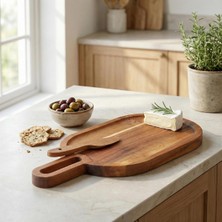 Doğal Akasya Ahşap Oval Peynir ve Sunum Tahtası – 30X14 cm Saplı Servis Tepsisi, Yanında Öze