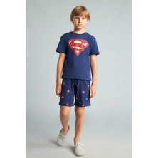 DeFacto Süperman Lisanslı Regular Fit Elastik Bel Şortlu 2'li Lacivert Pijama Takımı Erkek Çocuk H8145A826HS