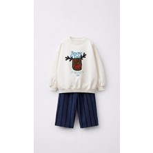 Magu Erkek Çocuk Pamuklu Geyik Aplikeli Sweatshirt ve Çizgili Eşofman Takımı