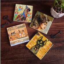 Antik Mısır Taş Bardak Altlığı Seti - 4 Parça - Dekoratif, Rustik Mutfak Aksesuarı, 10X10 cm