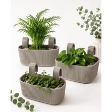 Pera Modern Balkon ve Küpeşte Saksısı 3,2 Litre Krem Plastik Askılı Dikdörtgen 3'lü Set