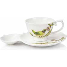 Bone China Kuş Desenli Çay Fincanı ve Tabağı Seti, El Yapımı, Beyaz 1 Kişilik Set