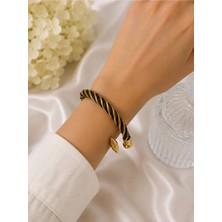 Bymiel Gold Siyah Burgu Çelik Kelepçe Bileklik – Unisex Halat Tasarımlı Modern Bileklik