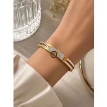Bymiel Rose Gold Taş Detaylı Çelik Kelepçe Bileklik – Zirkon Taşlı Kadın Bileklik