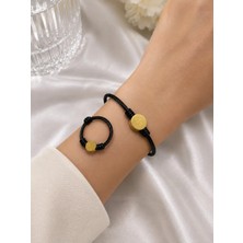 Bymiel Siyah Gold Halat Tasarımlı Yuvarlak Detaylı Çelik Kelepçe Bileklik – Modern Unisex Bileklik