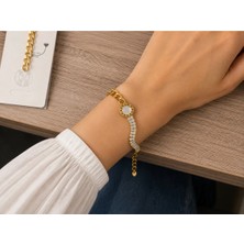 Bymiel Gold Renk Roma Rakam Detaylı Zirkon Taşlı Çelik Kadın Bileklik
