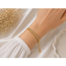 Bymiel Gold Renk Çift Sıra Taşlı Kadın Bileklik – Paslanmaz Çelik Ayarlanabilir Bileklik