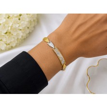 Bymiel 316L Paslanmaz Çelik Gold Gümüş Desenli Plakalı Bileklik