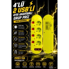 Ecuy 4'lü Grup Priz 2 Usb'li 1.5 Metre Ayrı Anahtarlı Akım Korumalı Uzatma Kablosu 16A 250V Ev Ofis Tipi