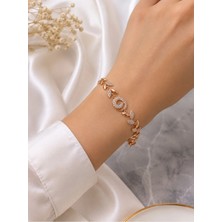 Bymiel Zirkon Taş Detaylı Rose Gold Renk Çelik Bileklik – Yaprak Desenli Kadın Bileklik