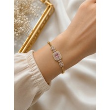 Bymiel Gold Renk Pembe Baget Taşlı Zirkon Detaylı Zincir Kadın Bileklik