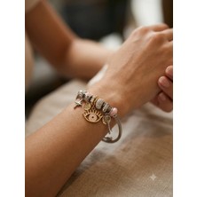Bymiel Kadın Silver Çelik Charm Bileklik Nazar Göz Figürlü Taşlı Anahtar ve Yıldız Detaylı Modüler Charm Bileklik