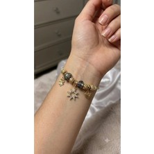 Bymiel Kadın Gold Kaplama Çelik Charm Bileklik Kutup Yıldızı Yonca ve Kalp Figürlü Füme Boncuklu Modüler Bileklik