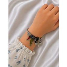 Bymiel Charm Detaylı Yaprak ve Yusufçuk Figürlü Gümüş Renk Çelik Kelepçe Bileklik