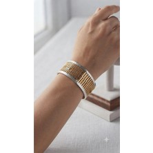 Bymiel Kadın Gold Gümüş Renk File Detaylı Geniş Çelik Kelepçe Bileklik