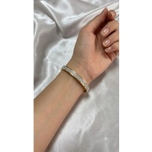 Bymiel Gold Zirkon Taş Şerit Detaylı Çelik Kelepçe Bileklik – Kadın 316L Paslanmaz Çelik Bileklik