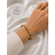 Bymiel Gold Burgu Çelik Bileklik ve Yüzük Seti – Nazar Boncuk Detaylı Unisex Takı Seti