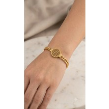 Bymiel Gold Renk Geometrik Desenli Madalyon Detaylı 316L Çelik Bileklik – Kadın Zincir Bileklik