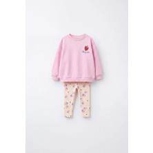 Magu Kız Çocuk Çilek Nakışlı Pembe Sweatshirt ve Tayt Takımı