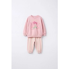 Magu Kız Çocuk Pamuklu Kiraz Baskılı Pembe Sweatshirt ve Çizgili Pantolon Takımı