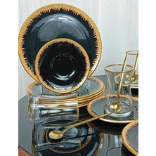 6 Kişilik 24 Parça Pinkmore Siyah-Gold Pasta Çay Saati Seti