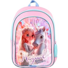 Mikro Kız Çocuk Unicorn Desenli Sırt Çantası ve Beslenme Çantası Seti – Pembe