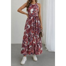 paris store Kadın Halter Yakalı Omuzlardan Açık Kuşaklı Maksi Boy Desenli Süprem Elbise