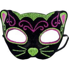 Meks Maske Siyah Kadife Kaplama Üzeri Pembe Yeşil Sim Işlemeli Kedi Si 20X13 cm
