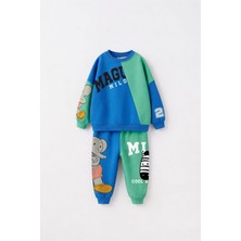 Çocuk Magu ve Milo Baskılı Mavi Yeşil Sweatshirt ve Eşofman Altı Takımı
