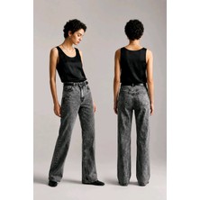 Hies Wide Leg Palazzo Kadın Jeans, Likralı Yüksek Bel Kot Pantolon - Füme