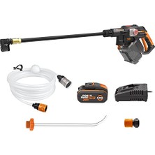 WG633E 20VOLT 4.0AH. Li-Ion 56BAR Kömürsüz Basınçlı Yıkama Tabancası + 2 Parça Yıkama Seti | 4 Ah Akü ve Şarj Cihazı, Çok Fonksiyonlu Temizlik ve Sulama, Güçlü Fırçasız Motor, 5'i 1 Arada Basınç Başlı