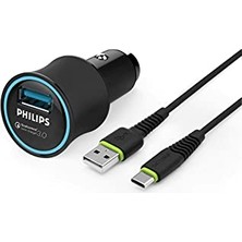Phılıps DLP3520C USB Araç Içi Şarj Adaptörü Qc3.0 Siyah (1 Çıkış) + USB - Type-C Şarj Kablosu 1.2m Siyah