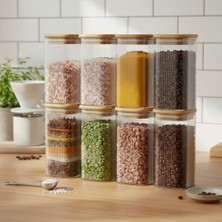 Deconox 6'lı Set 520 ml Bambu Kapaklı Kare Cam Kavanoz - 6X15 cm Vakumlu Ekstra Uzun Boy Şeffaf Erzak Kabı Spagetti Makarna Kahve Bakliyat ve Mutfak Düzenleyici Saklama Kutusu