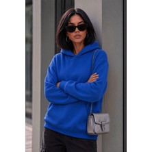 Oksit Bery Kadın Iki Iplik Şardonlu Oversize Kapüşonlu Basic Sweatshirt | Kanguru Cepli Düz Renk Günlük Hoodie