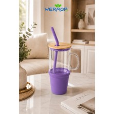 Safir 1000 ml Cam Big Mug Bambu Kapaklı Çelik Pipetli Büyük Boy Kupa Termos Mor