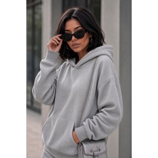 Oksit Bery Kadın Iki Iplik Şardonlu Oversize Kapüşonlu Basic Sweatshirt | Kanguru Cepli Düz Renk Günlük Hoodie