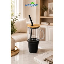 Safir 1000 ml Cam Big Mug Bambu Kapaklı Çelik Pipetli Büyük Boy Kupa Termos Mor