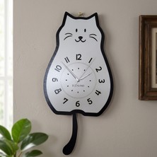 Doalino Sallanan Kuyruklu Kedi Figürlü Premium Ahşap Duvar Saati
